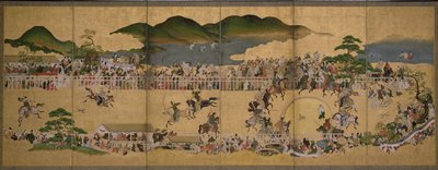 Six-fold Screen Depicting a Dog Chasing Contest by Japanese School